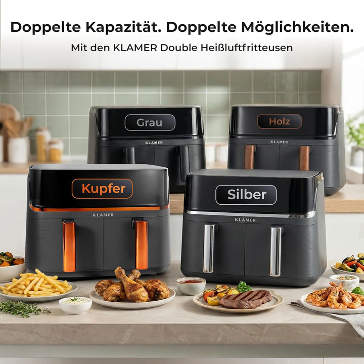 KLAMER Heissluftfritteuse Duo 9 L – Doppelkammer Airfryer mit 2 Körben & Digitaldisplay, 10 Automati
