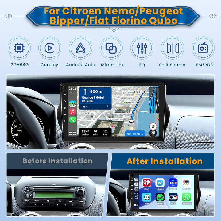 10,1 Zoll Android 15 Autoradio für Citroen Nemo/Peugeot Bipper/FIAT Fiorino Qubo 2 DIN-Bildschirm (2