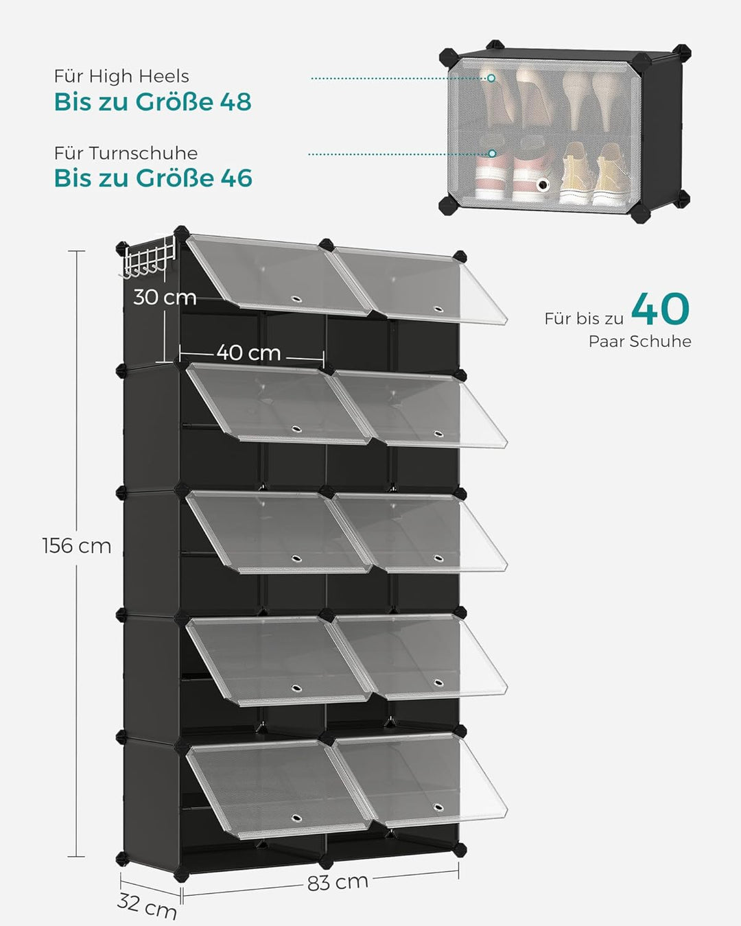 SONGMICS Schuhregal, Schuhschrank, für Garderobe und Eingangsbereich, anpassbar, 10 Fächer, für bis