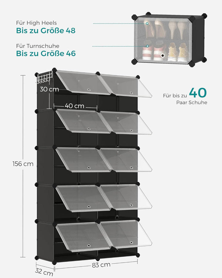SONGMICS Schuhregal, Schuhschrank, für Garderobe und Eingangsbereich, anpassbar, 10 Fächer, für bis