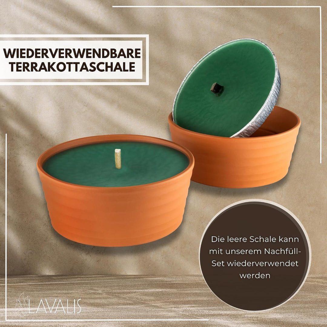 2x handbefüllte In- &amp; Outdoor-Kerze aus recyceltem Wachs, Nachfüll-Alu-Set für XXL Terrakotta-Schale