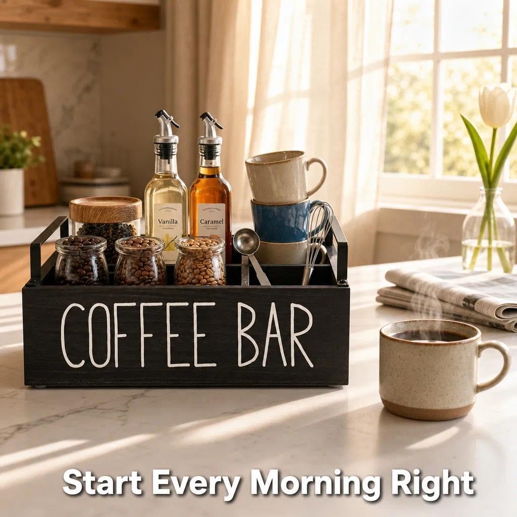 Kaffee Station Veranstalter,Kaffeebar Organizer Holz mit Fächern,Tee Aufbewahrung,Kaffee Station Auf