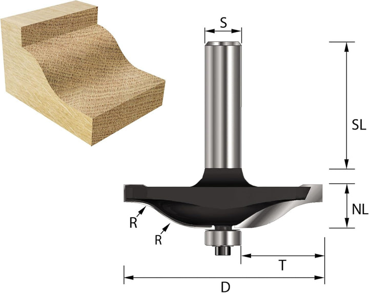 ENT 17212 Abplattfräser Karnisprofil HW, Schaft (S) 12 mm, Durchmesser (D) 63,5 mm, NL 15,9 mm, R 15