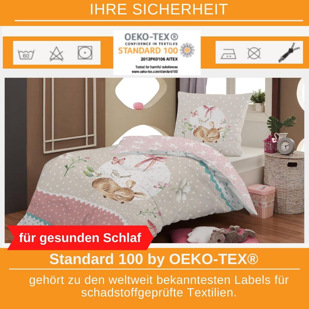 Aminata kids Bettwäsche 135x200 Baumwolle Kinder Mädchen REH-Kitz Waldtiere Tier-Motiv zart-rosa Ros