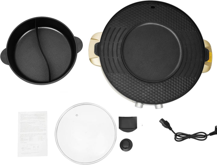 Elektrischer Hot Pot 2200W, 2 in 1 BBQ Grillplatte mit Antihaftbeschichtung, Tragbare Tischgrill Hot