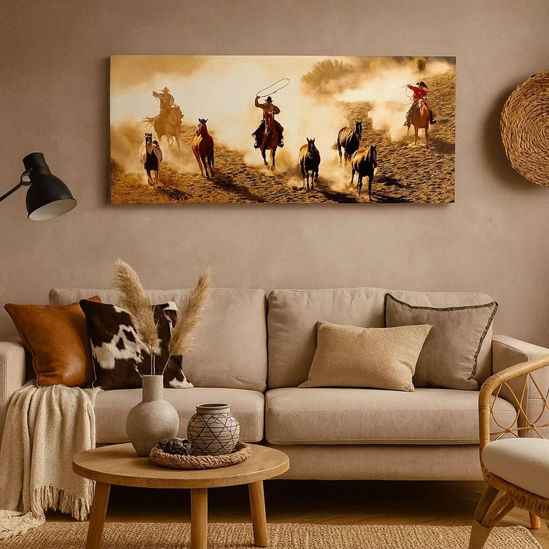 Wandbilder Dekoration Wohnzimmer Cowboys Pferde Galopp Panorama Bilder auf Leinwand 120x50cm Leinwan