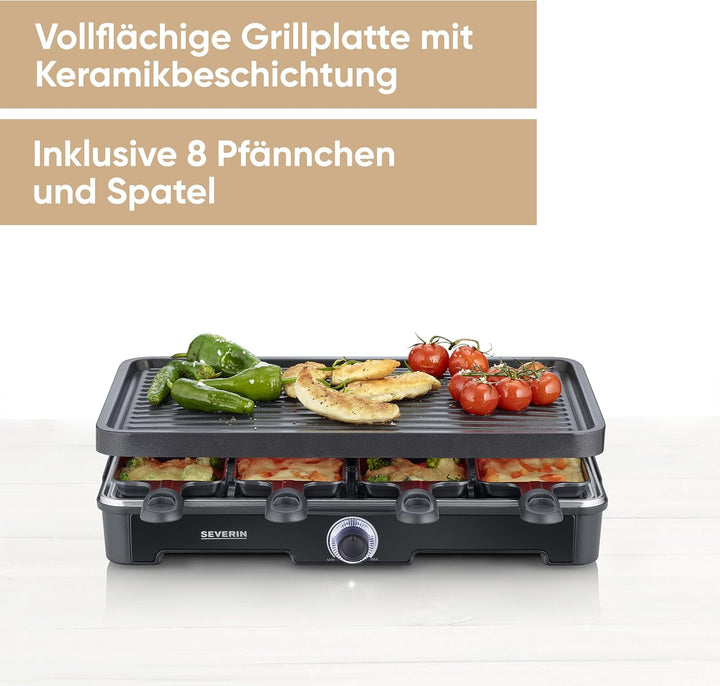 SEVERIN Raclette-Grill, Raclette mit grosser Grillplatte, Keramik- & Antihaftbeschichtung, 8 Raclett