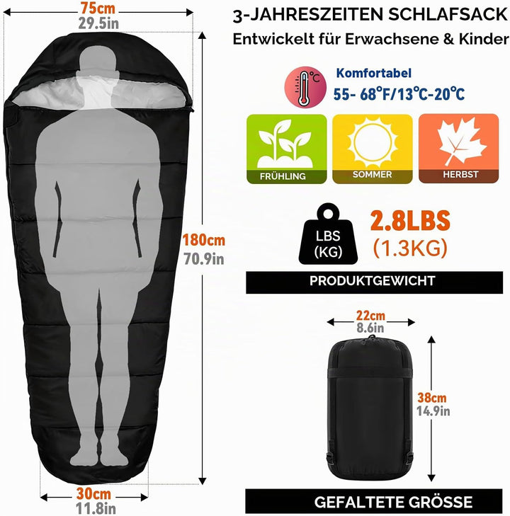 Schlafsack 4 Jahreszeiten,Schlafsack Ultraleicht,Mumienschlafsack Winter für Erwachsene Wasserdicht,