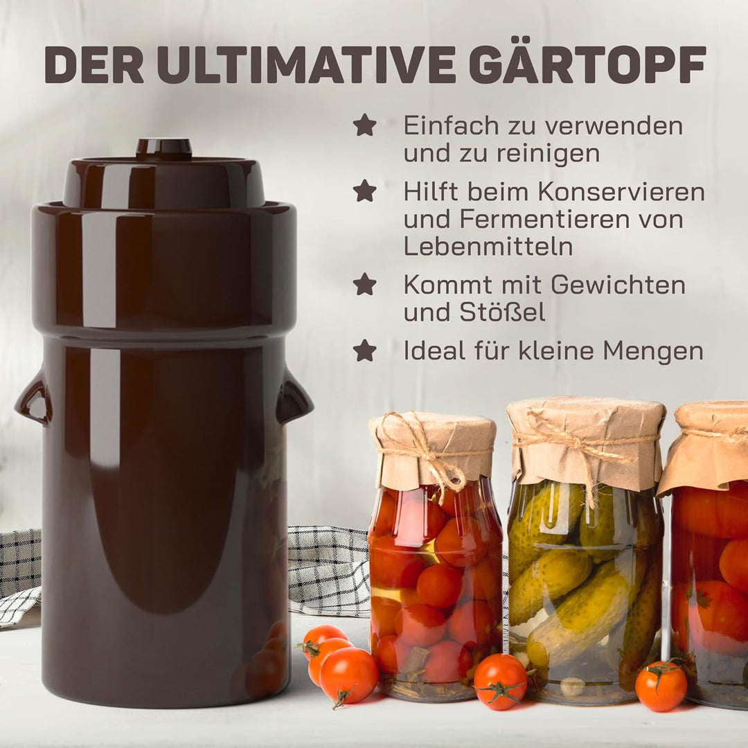 Gärtopf 4 Liter zum Einlegen & Fermentieren – Sauerkrauttopf mit Deckel, Krautstampfer & Fermentierg