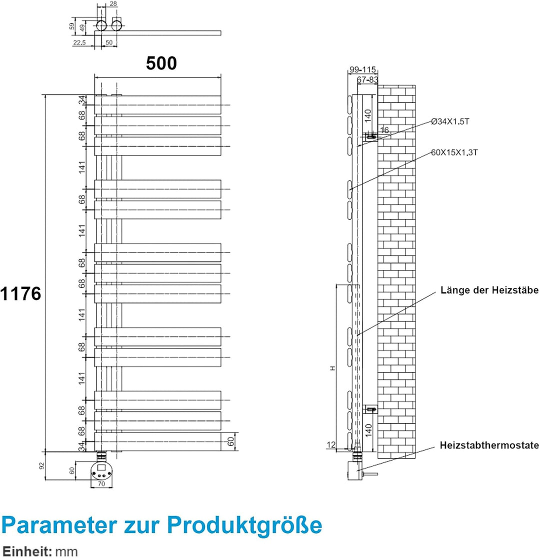 Heilmetz Badheizkörper Elektrisch Heizkörper Bad mit Digitalem Thermostat Handtuchheizkörper mit Tim