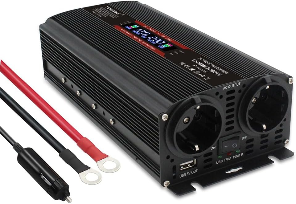Yinleader Spannungswandler 12V/24V auf 230V 1500W / 3000W Wechselrichter mit 2 EU Steckdosen 1 USB u