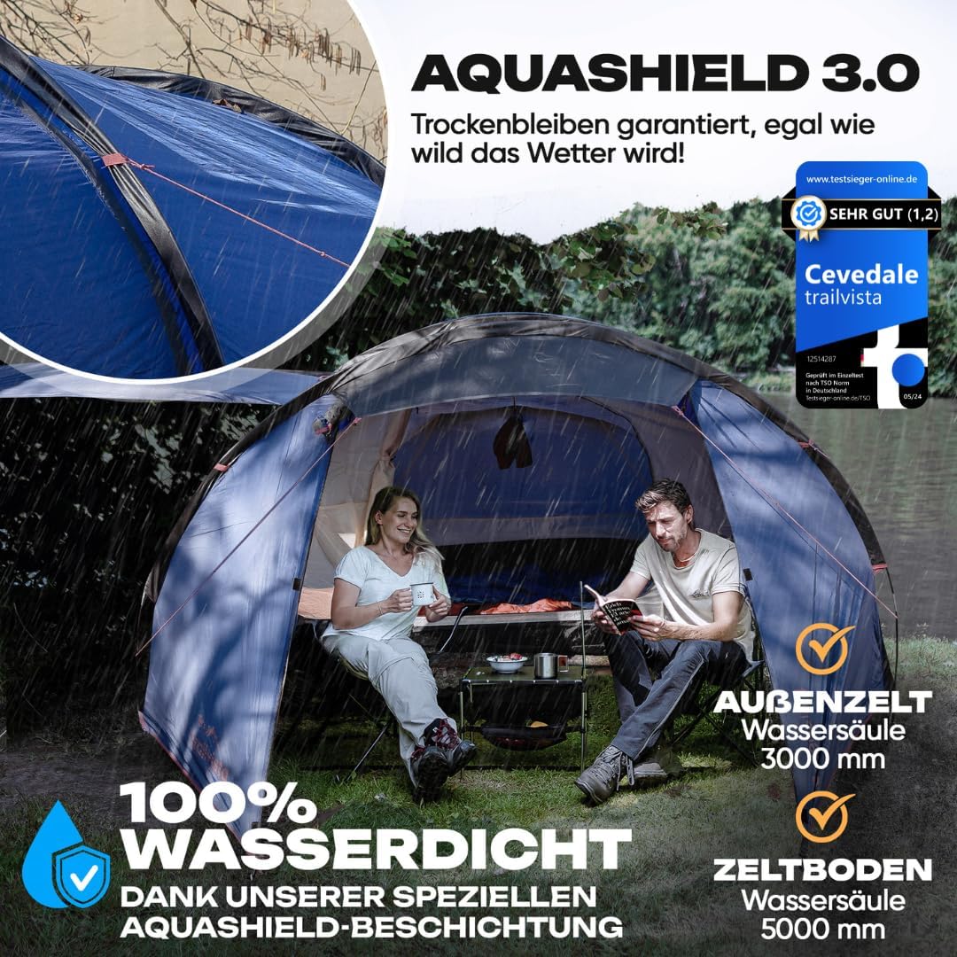 Cevedale Zelt 4 Personen Wasserdicht, leicht, kompakt & schnell aufbaubare Zelte, Camping Zelt mit V