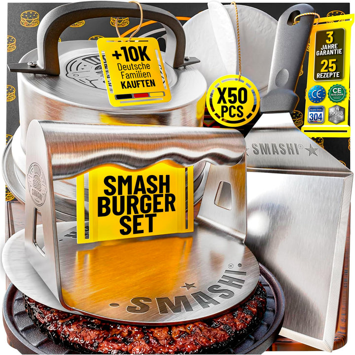 SMASHI® Smash Burger Set Professionell aus Edelstahl 304 – Burgerpresse, Grillspachtel & Burgerglock