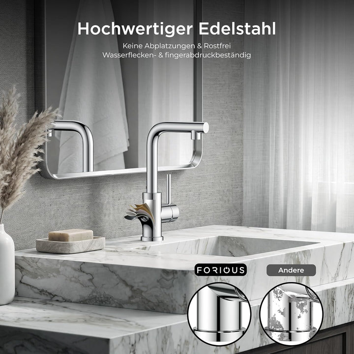 FORIOUS® Premium Wasserhahn Bad Chrom,Design Waschtischarmatur Hoch 225mm Auslaufhöhe 225mm Polierte