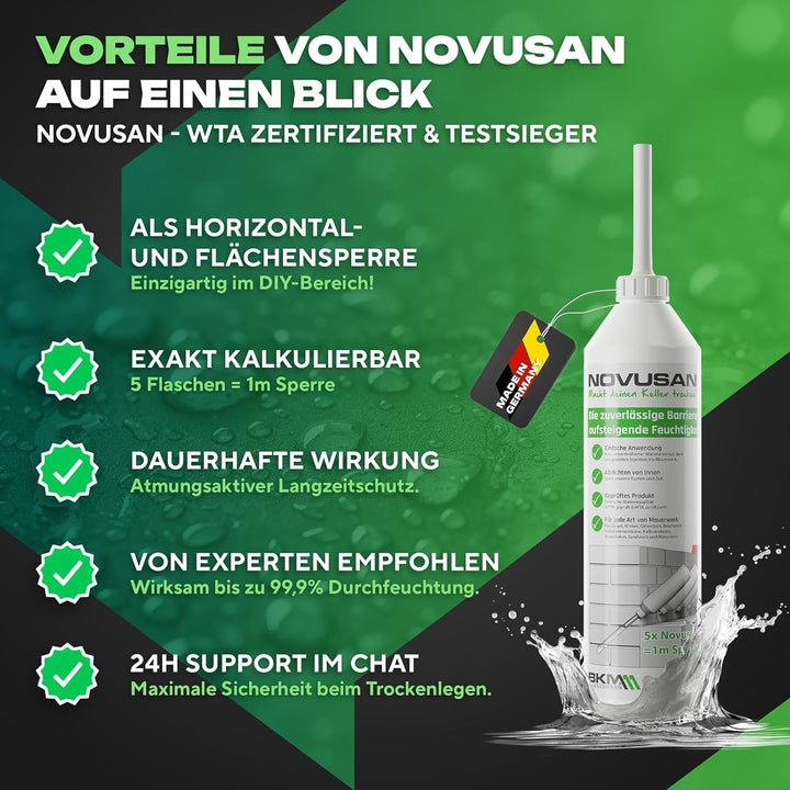 NOVUSAN Horizontalsperre – Injektionsflasche zur Abdichtung von feuchten Wänden & Keller | für 1m Wa
