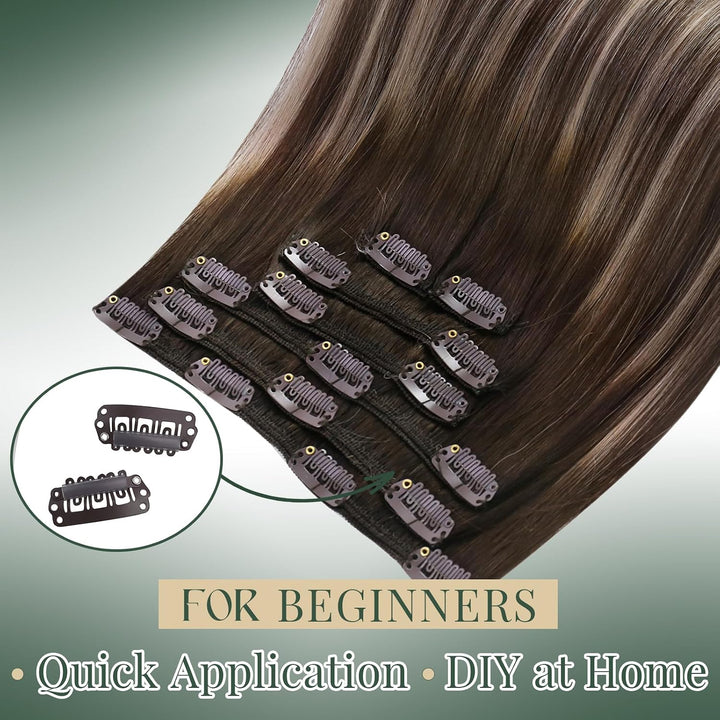Ugeat Clip in Extensions Echthaar Aschblond 45 cm Balayage Dunkelbraun Glatt Echthaar Clip in Extens
