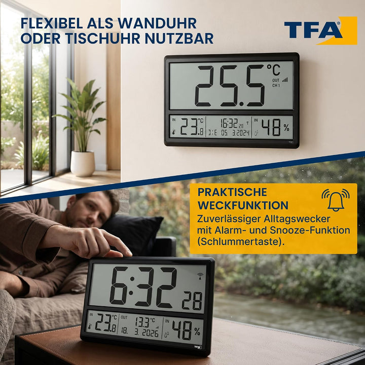 TFA Dostmann Digitale XL Wanduhr, 60.4523.01, mit Aussentemperatur und Raumklima, Funkuhr, 24h Anzei
