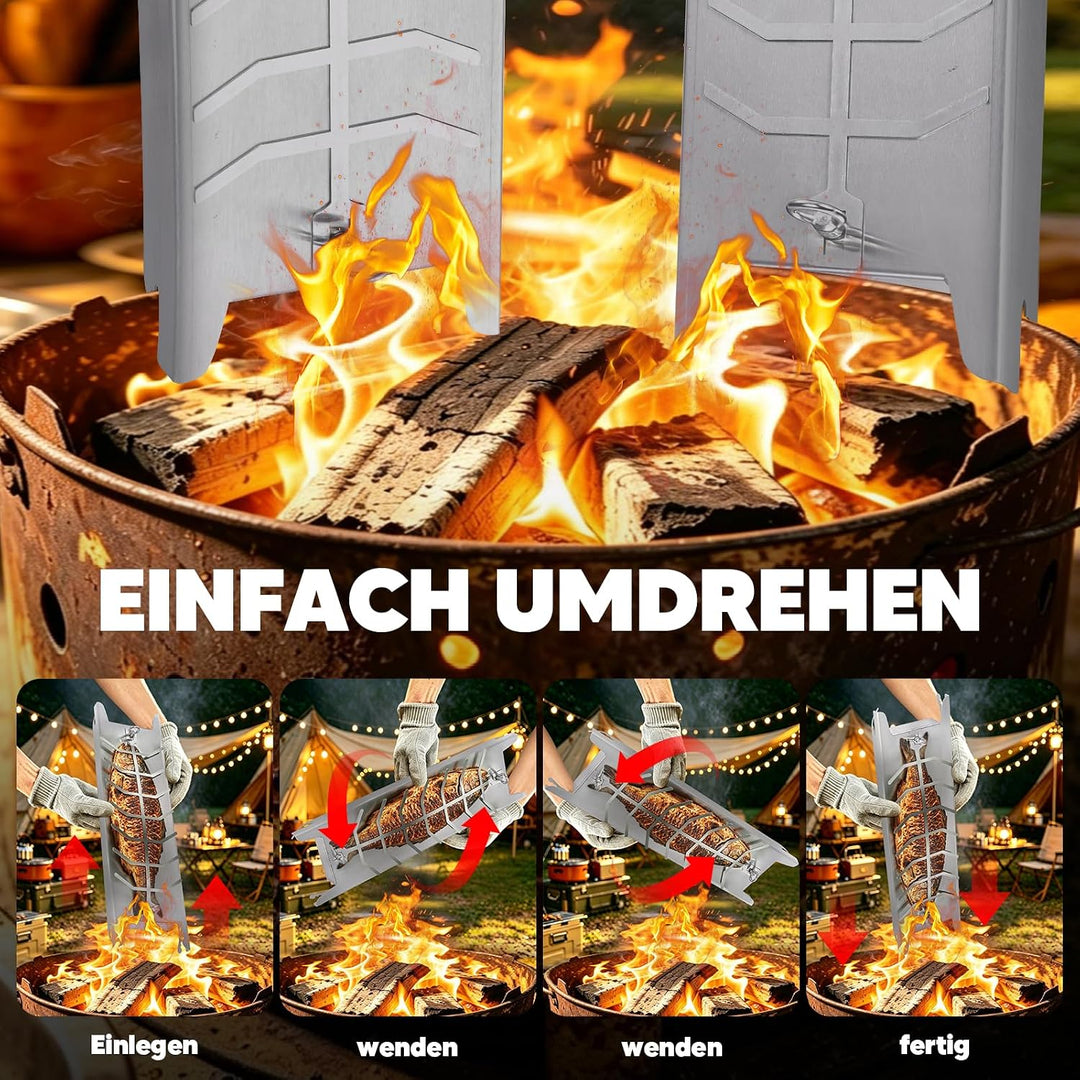 Flammlachshalter Edelstahl 59.5cm für Feuerschale &amp; Grill | Extra Breit 16cm, 180° drehbar, Lachsbre