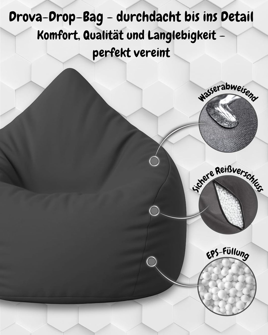 PATCH HOME Patchhome Sitzsack Tropfenform mit Reissverschluss Nachfüllbar - für In &amp; Outdoor - mit S
