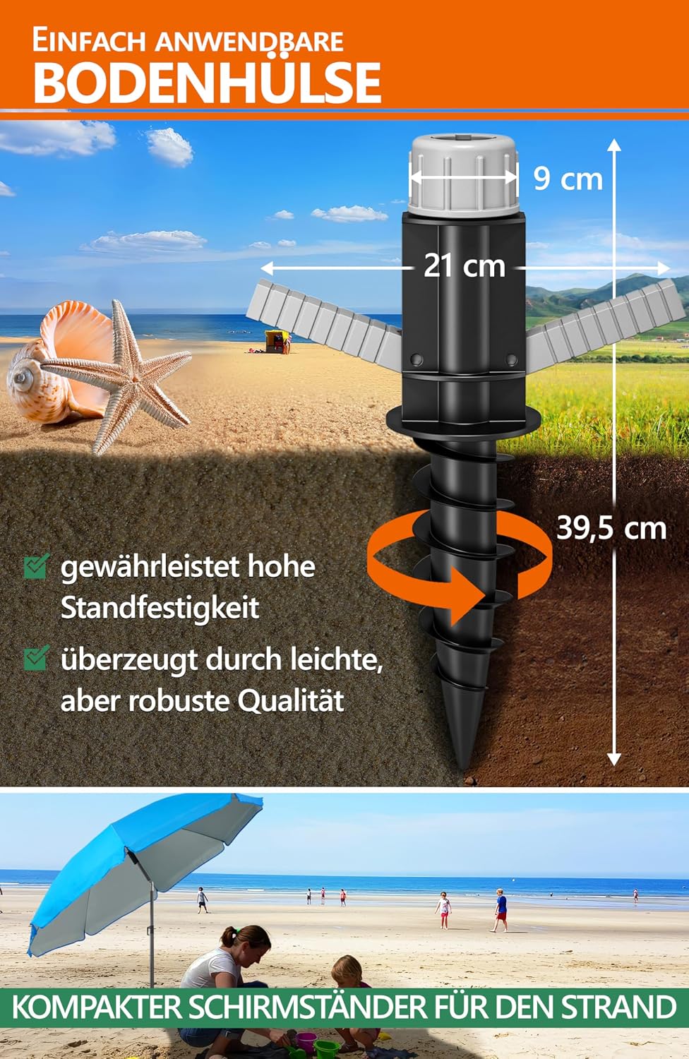 4smile Sonnenschirm Strand SunnyJoy 3-IN-1-SET, Fb. Blau - Strandschirm Ø 200 cm + Bodenhülse + Schu