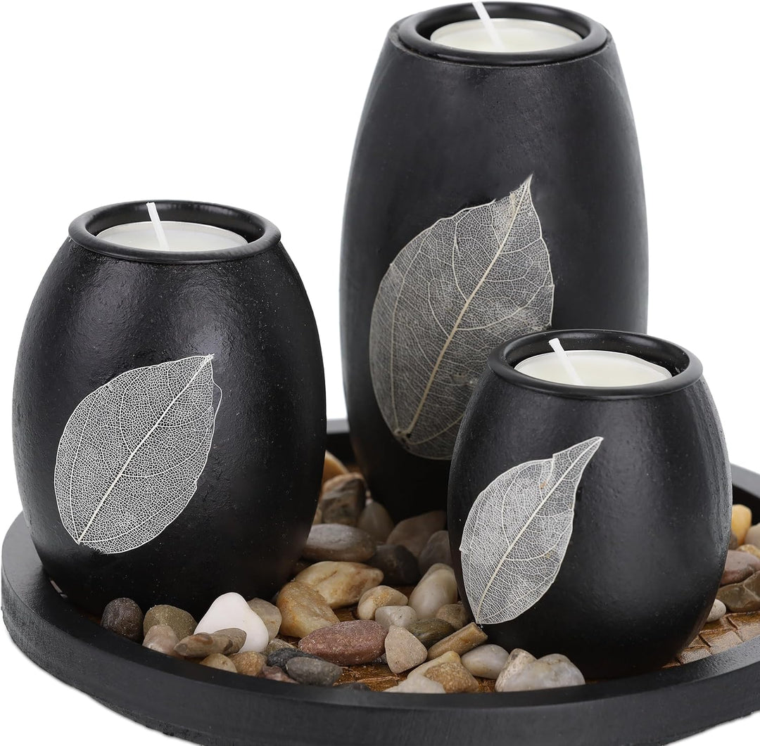 Relaxdays Teelichthalter Set mit Tablett & Steinen, Ø 19,5 cm, Tischdeko Wohn- & Esszimmer, Kerzenha