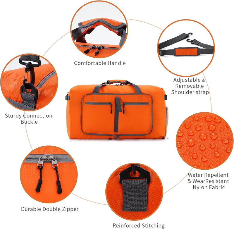 Vomgomfom Leichte Faltbare Reisetasche Gross T Raute Orange 65L+Toilettenbeutel, T Raute Orange 65L+