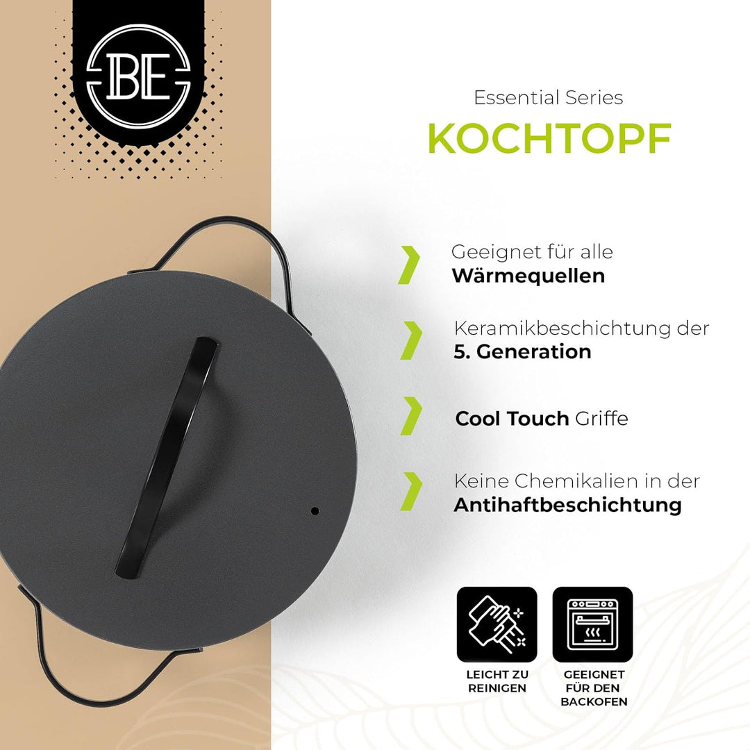 Be Living Essential Kochtopf mit Deckel Ø 24 cm (4 L) Induktion Schmortopf, Non Stick Keramik Antiha