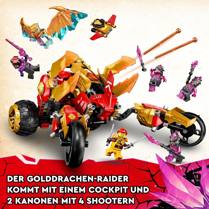 LEGO 71773 NINJAGO Kais Golddrachen-Raider Set, Auto mit Kai und Goldener Drache Zane als Minifigure