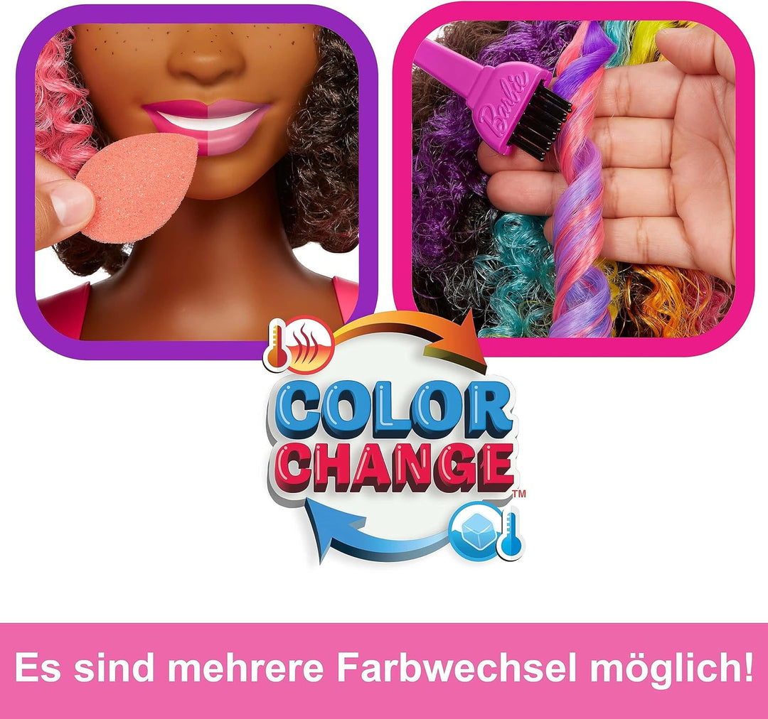 Barbie HMD79 - Barbie-Puppe Deluxe Styling-Kopf, Barbie Totally Hair, lockige braune Neon-Regenbogen