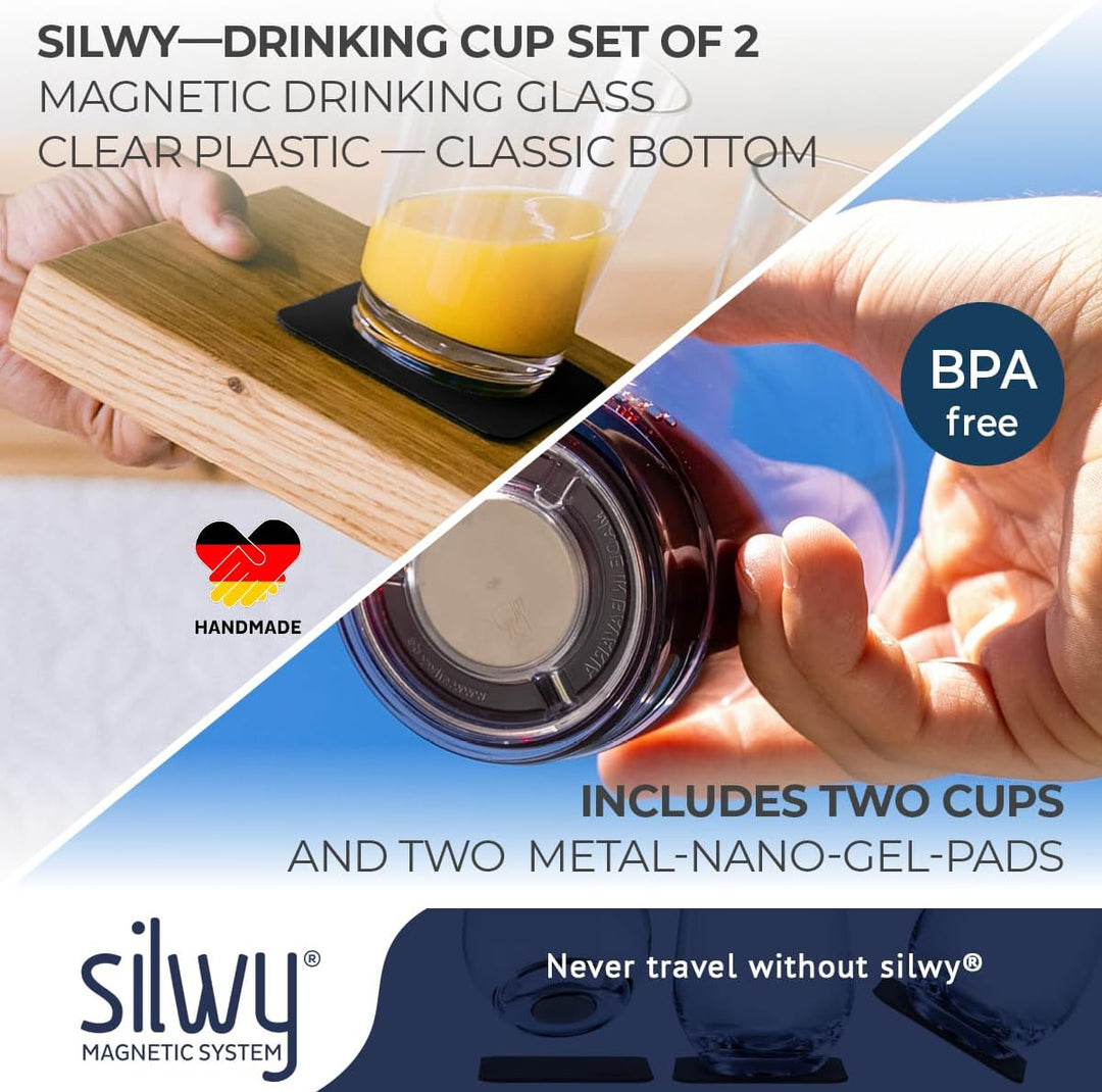 Silwy Magnetglas 250 ml mit Untersetzer 2er-Set transparent