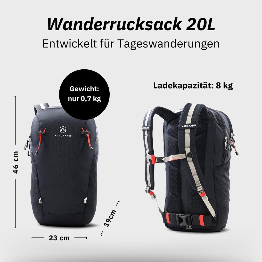 NORDKAMM® Profi Wanderrucksack 20L, klein - nur 680 g, Rucksack 20l aus Robic® Performance Nylon, Da