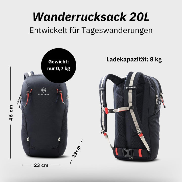 NORDKAMM® Profi Wanderrucksack 20L, klein - nur 680 g, Rucksack 20l aus Robic® Performance Nylon, Da