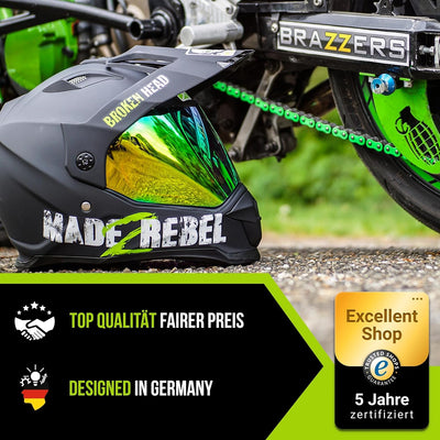Broken Head made2rebel Motocross-Helm grün mit Visier - Enduro-Helm - MX Cross-Helm mit Sonnenblende