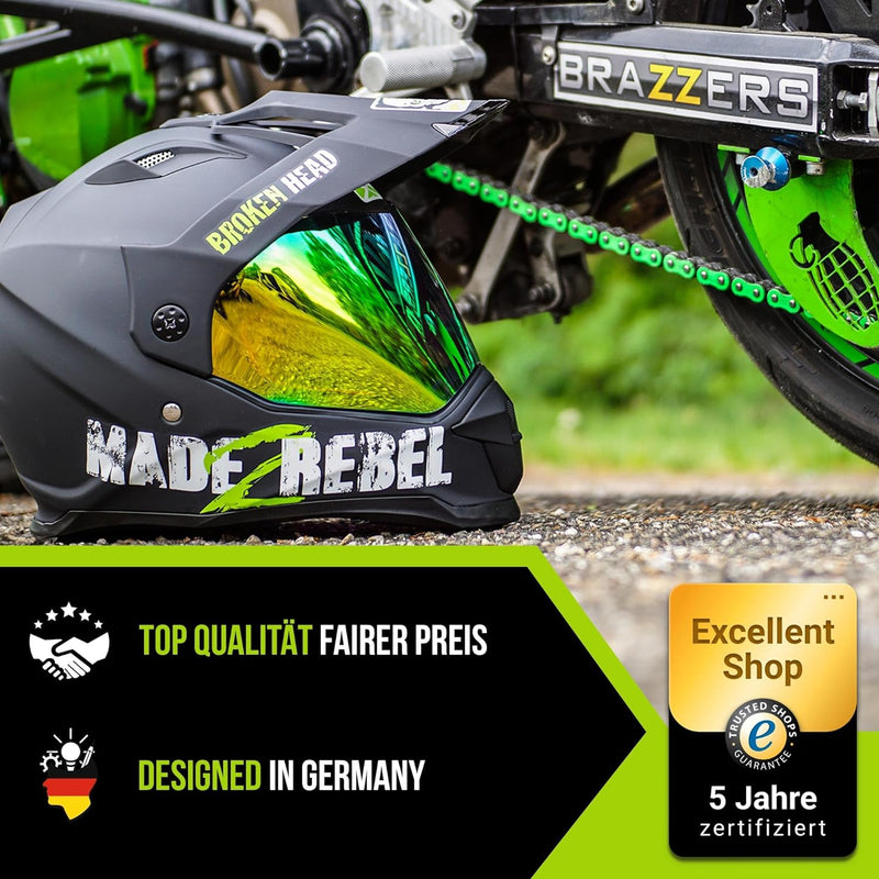 Broken Head made2rebel Motocross-Helm grün mit Visier - Enduro-Helm - MX Cross-Helm mit Sonnenblende