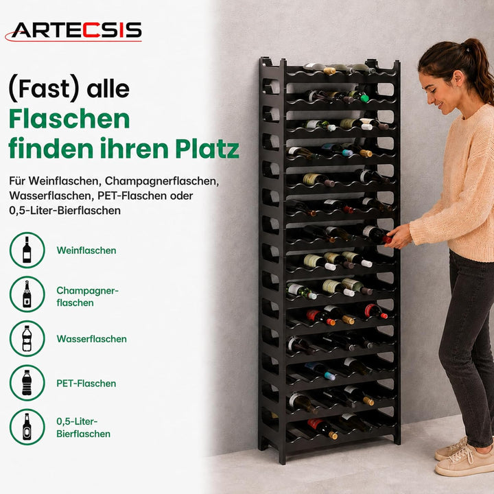 ARTECSIS Weinregal stapelbar Kunststoff für 72 Flaschen, stabiles leichtes Flaschenregal für Keller,