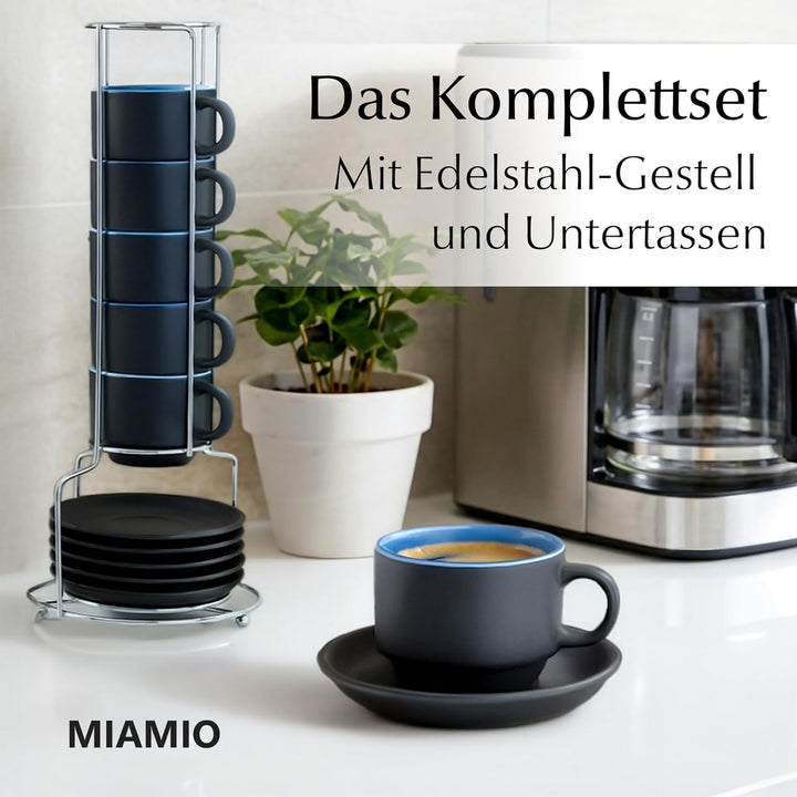MIAMIO - 6 x 75 ml Espressotassen Set/Espresso Tassen Set mit Untertasse & Ständer - Kaffeetassen Se