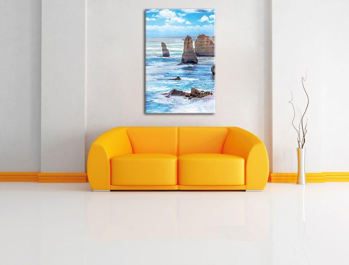 Pixxprint Meer klippe küste Sonnenaufgang Steine Strand, Format: 100x70 auf Leinwand, XXL riesige Bi