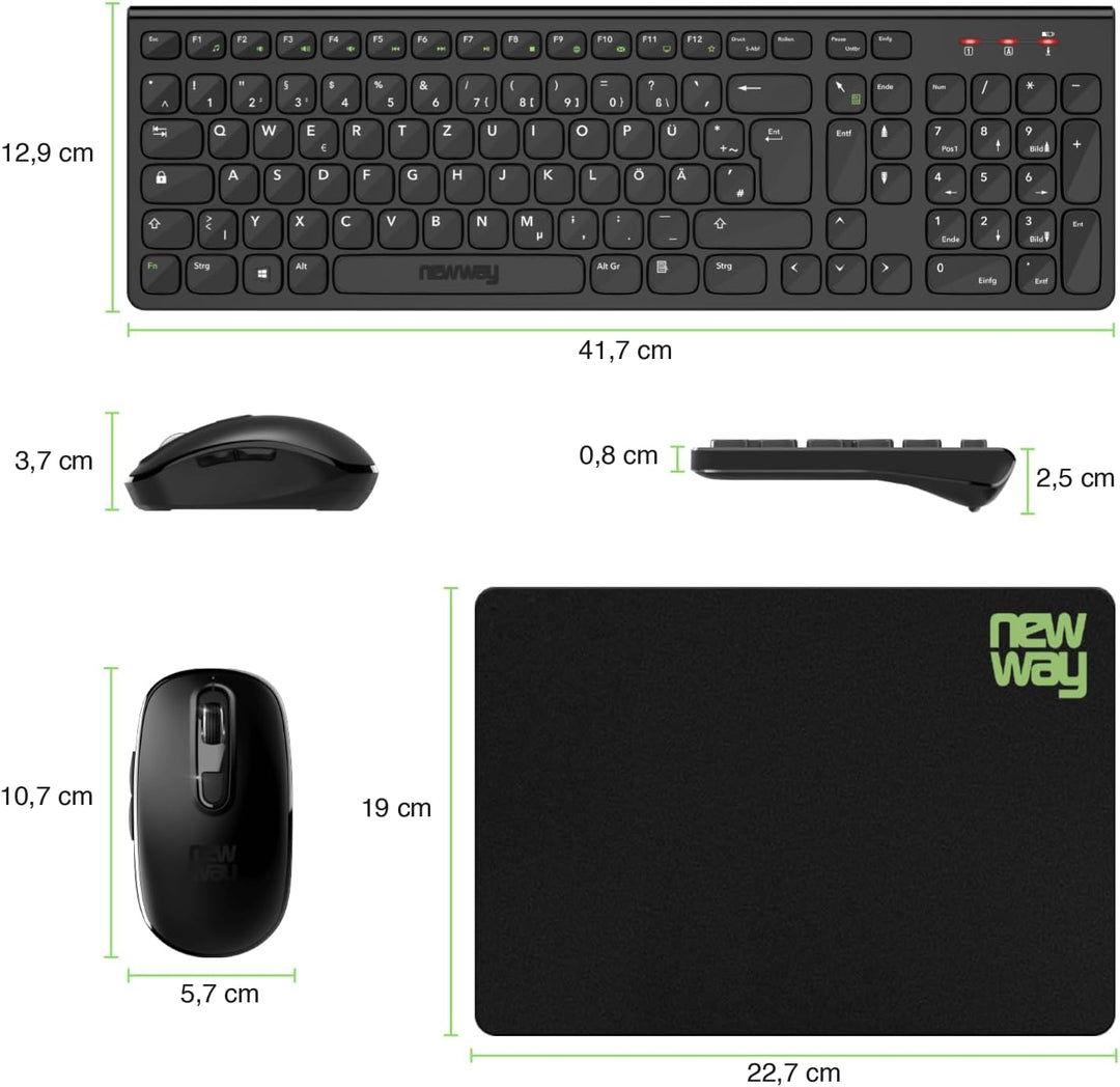 NEWWAY - RF02 Wireless 2,4 GHz Tastatur Maus Pack mit Matte - 105 Tasten 13 Multimedia-Tastenkombina