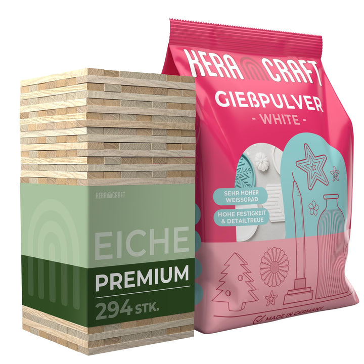 KERACRAFT Giesspulver weiss 4,5kg + 294 Stück Eiche Premium Holzklötzchen zum Basteln - Reliefgiessp