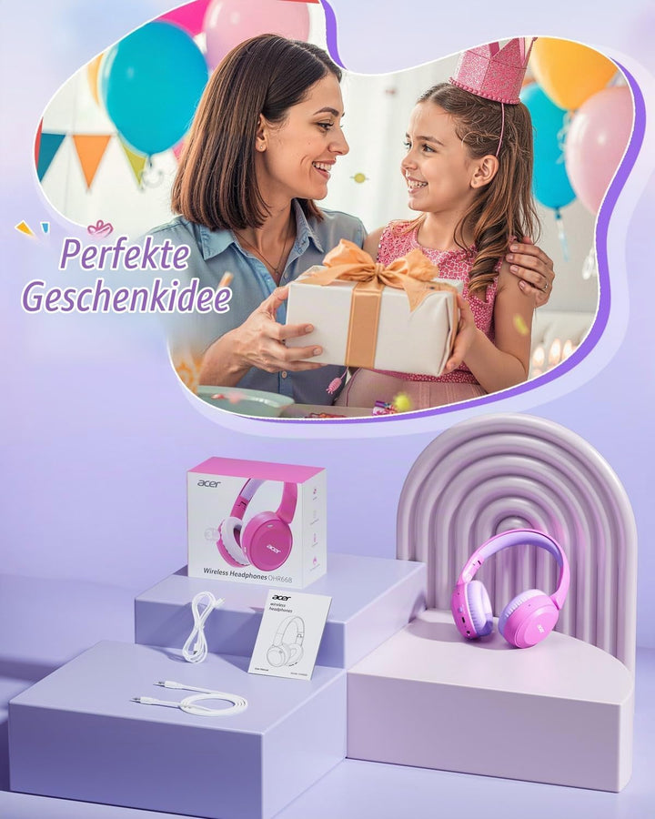 Acer Bluetooth Kopfhörer Kinder, 85/94 dB Lautstärkebegrenzer Rosa 3,5 mm Klinke, Rosa 3,5 mm Klinke