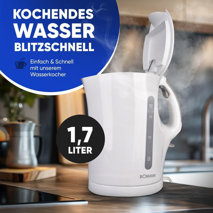 Bomann WK 5011 CB Wasserkocher, 1,7 Liter Fassungsvermögen, 2 aussenliegende Wasserstandsanzeigen, E