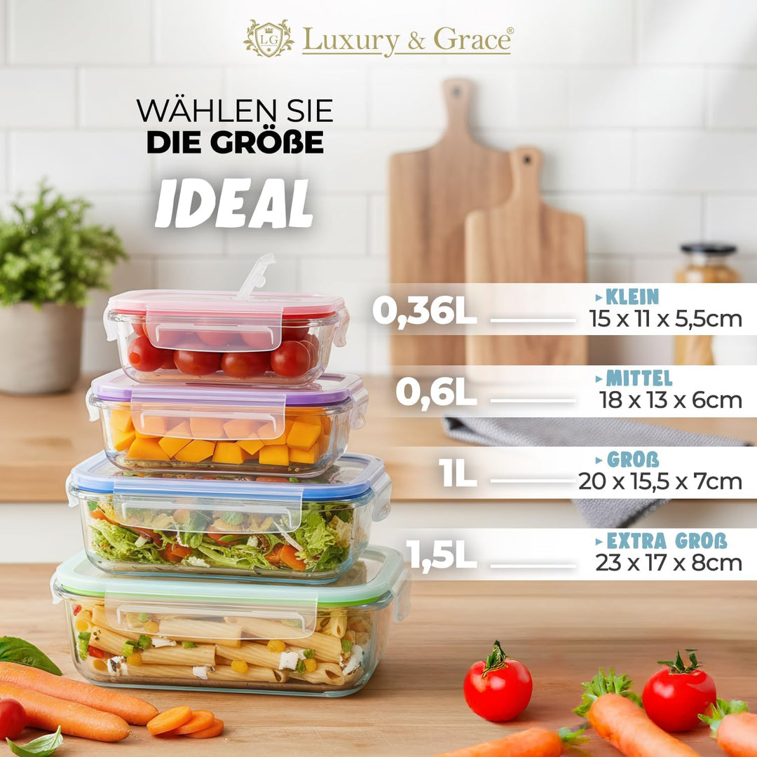 LG Luxury & Grace 4er Packung Glas Frischhaltedosen. Verschiedene Grössen (0,36+0,60+1+1,50 L). Luft