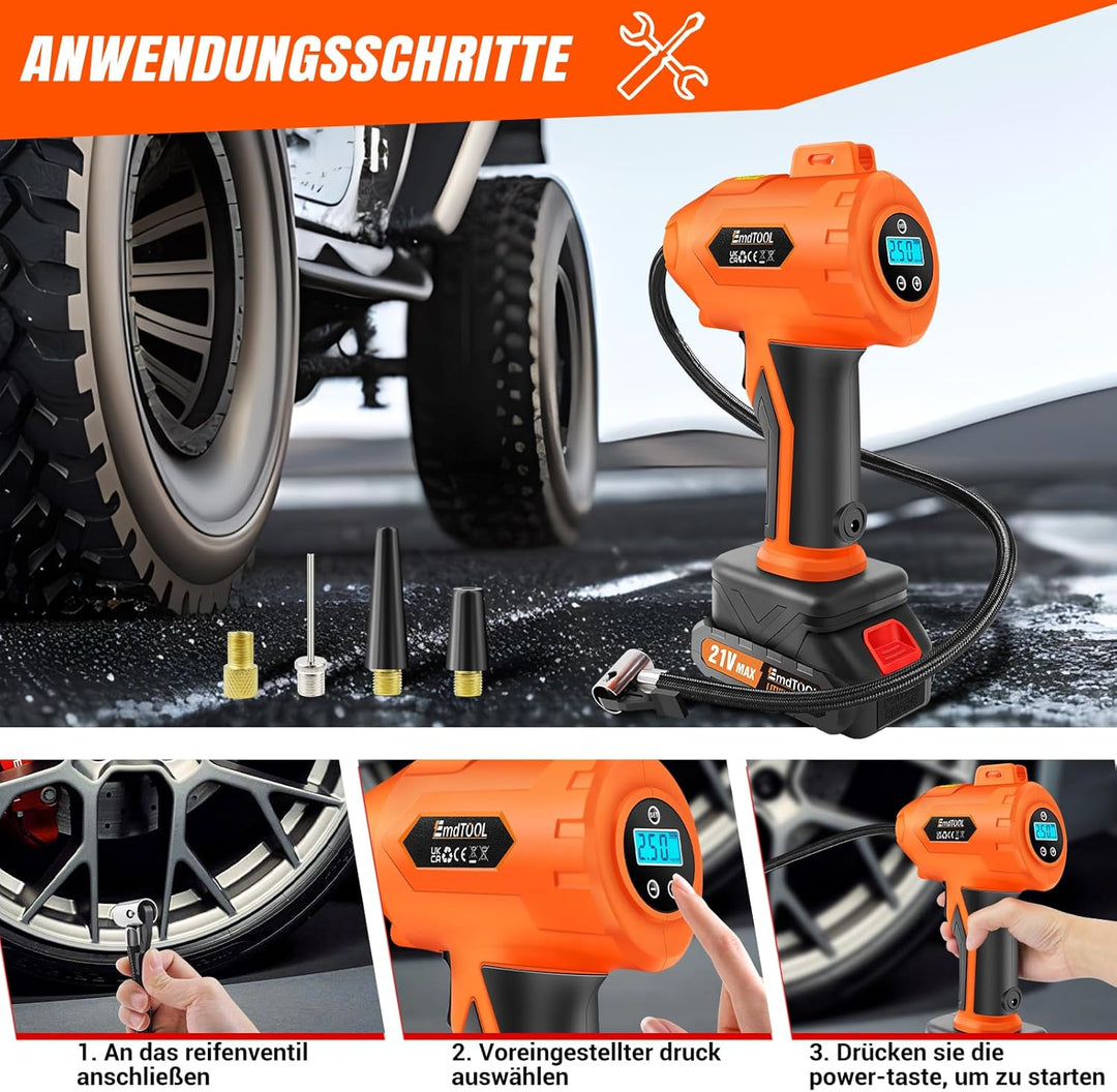 Reifenaufbläser Luftkompressor, 21V Akku und 12V Gleichstromkabel, tragbares Pumpgerät mit digitalem