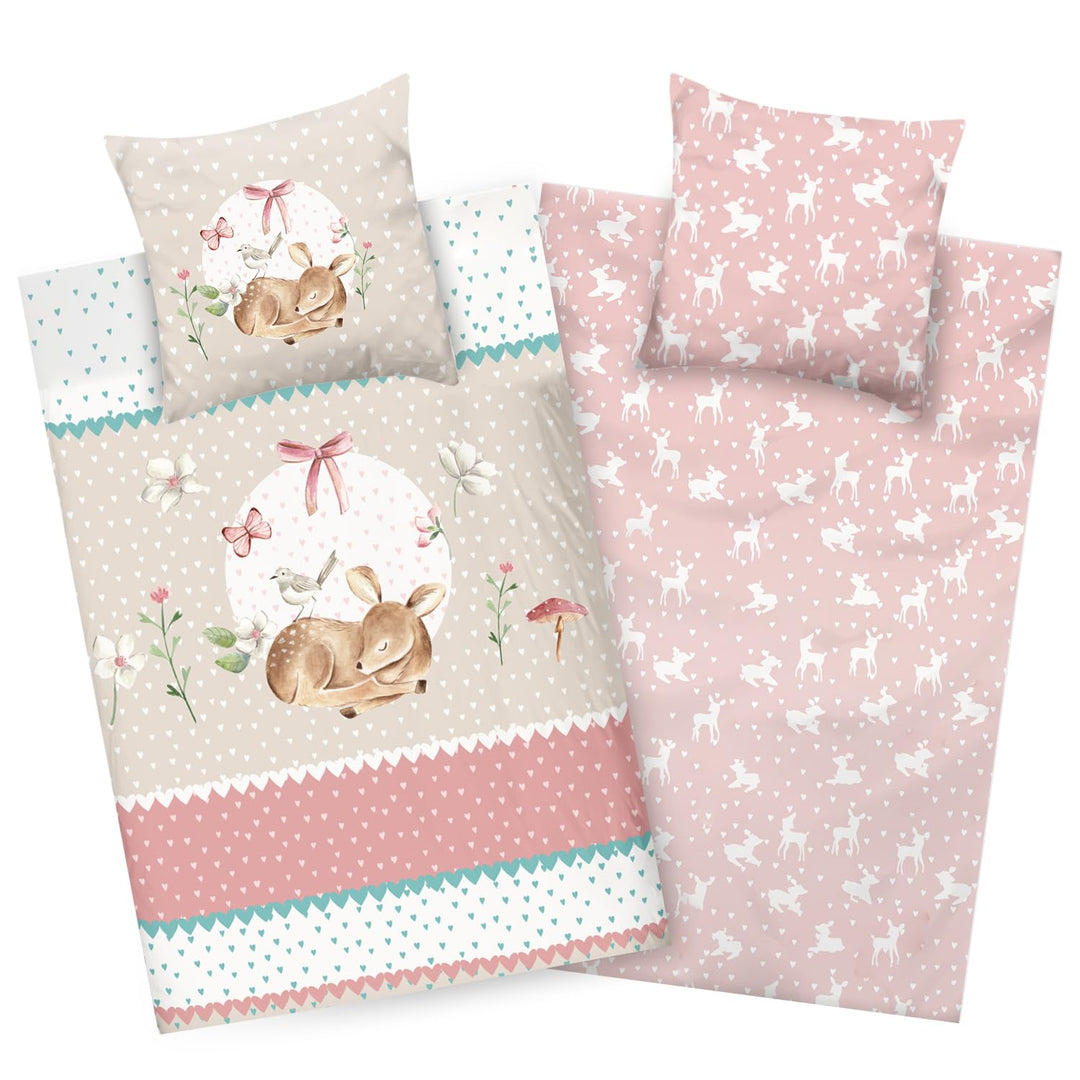 Aminata kids Bettwäsche 135x200 Baumwolle Kinder Mädchen REH-Kitz Waldtiere Tier-Motiv zart-rosa Ros