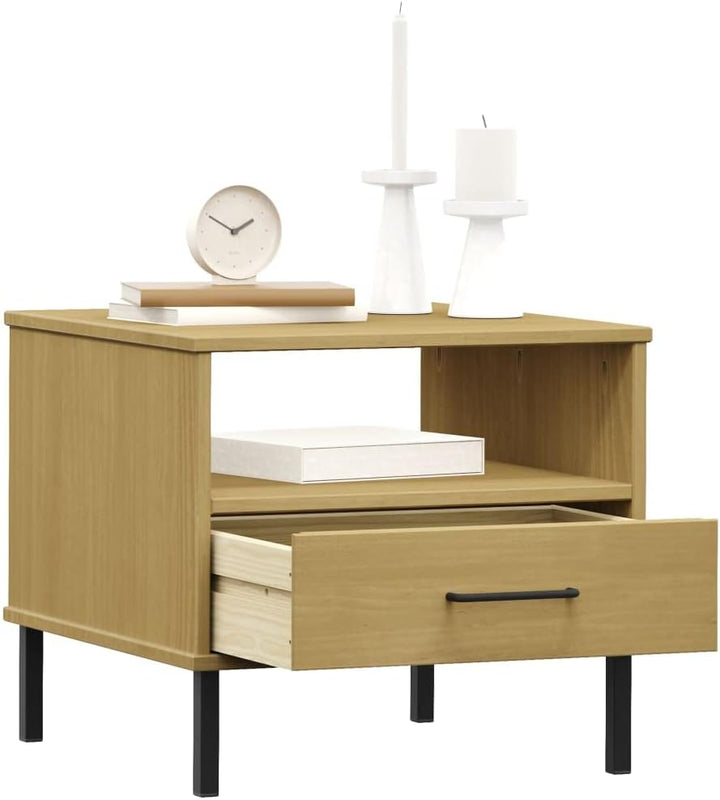 FIRBNUS Nachttisch Oslo mit Metallbeinen Braun Massivholz Kiefer Beistelltisch Holz Beistelltisch mi