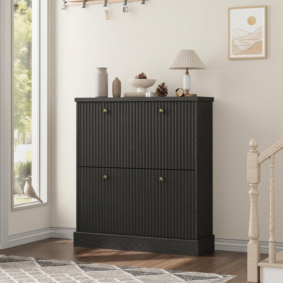 Wellen-Design 80×25×H90 cm Schuhschrank, Shoe Cabinet Mit 2 Klappen, Verstellbares Regal & Versteckt