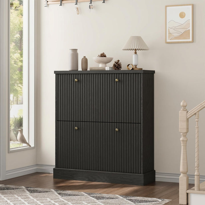 Wellen-Design 80×25×H90 cm Schuhschrank, Shoe Cabinet Mit 2 Klappen, Verstellbares Regal & Versteckt
