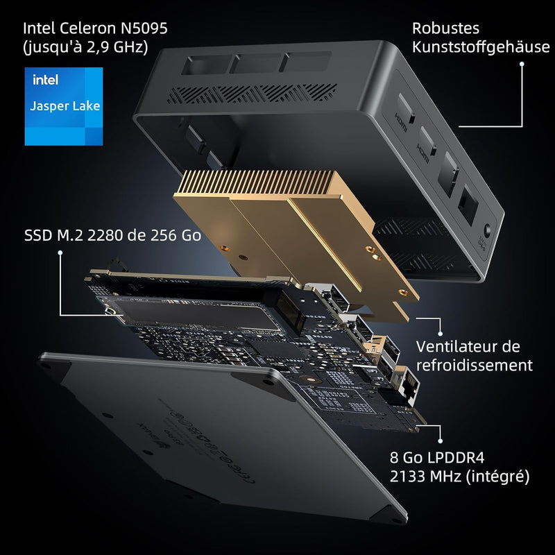 BMAX Mini-PC W11 Pro, Prozessor der 11. Generation N5095 (max. 2,9 GHz), 8 GB LPDDR4 + 256 GB M.2 SS