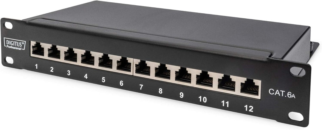 DIGITUS Cat-6A Patchpanel - 12 Ports - RJ45-Buchsen - 10-Zoll Rack-Mount 1HE - LSA Verteilerfeld - G