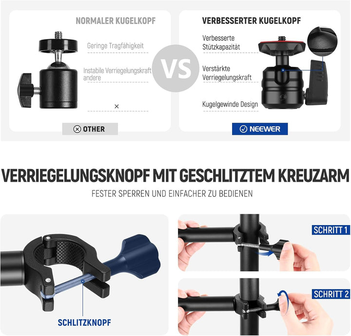 NEEWER Tisch Kamerastativ mit 2 Teleskopauslegern, Telefonhalter, Kugelköpfe, Schraubadapter, Tischl